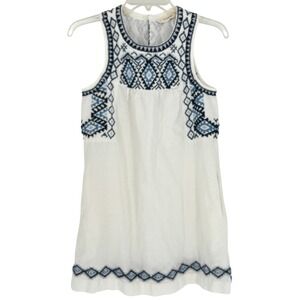 Lucky Brand White Blue Embroidered Boho Mini Dress Cotton Linen Sleeveless S